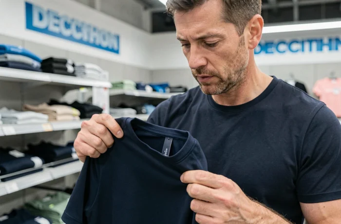 Homme examinant le tee-shirt Percko Decathlon en magasin, gros plan sur la qualité du tissu et la conception du vêtement