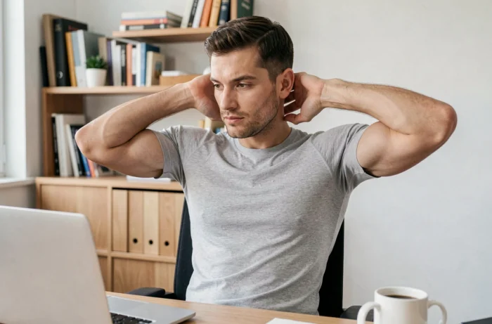 Homme portant le tee-shirt Percko Decathlon en position assise au bureau, illustrant le maintien postural au quotidien