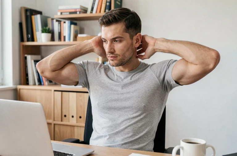 Homme portant le tee-shirt Percko Decathlon en position assise au bureau, illustrant le maintien postural au quotidien