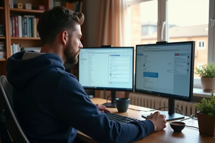 Homme en télétravail utilisant l'IA ChatGPT sur un double écran depuis son bureau à domicile