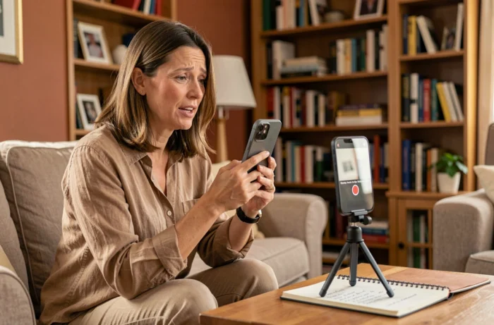 Une témoin enregistre son témoignage vidéo depuis chez elle pour une surprise destinée aux mariés