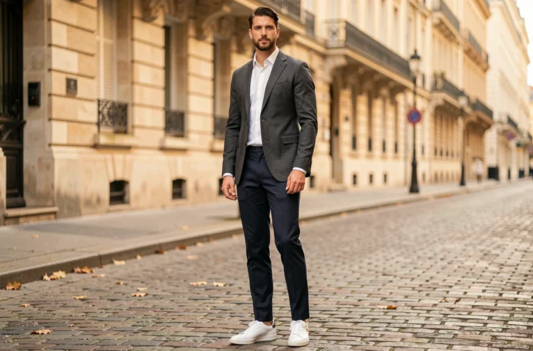 Homme élégant en blazer ajusté et sneakers blanches sur un trottoir pavé parisien, tendance mode masculine automne