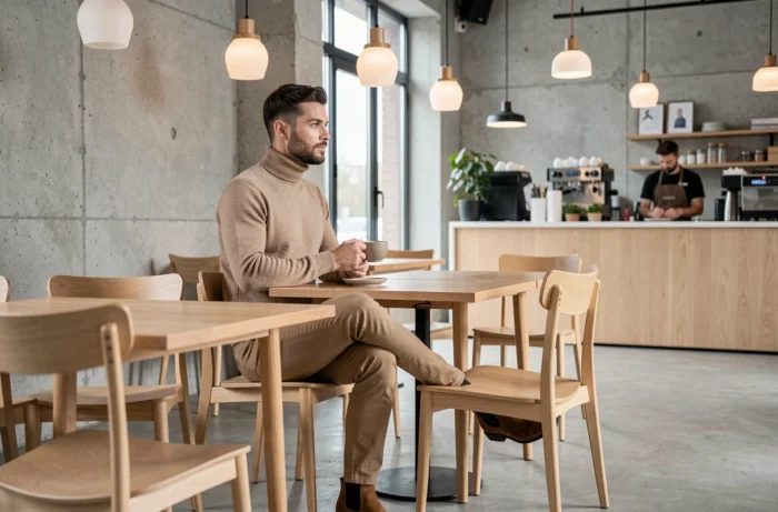 Homme assis dans un café moderne portant un col roulé en laine et des bottines Chelsea, style mode masculine tendance hiver