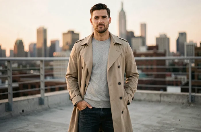 Homme en trench coat beige double boutonnage sur un rooftop urbain, look mode masculine tendance printemps
