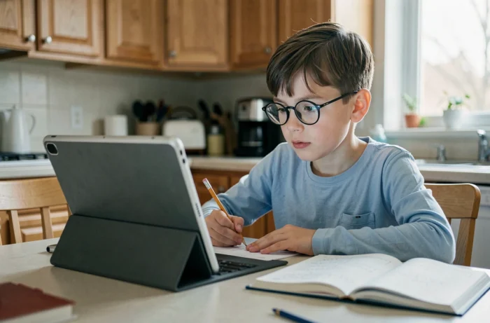 Jeune garçon concentré sur une session de tutorat en ligne avec une tablette dans la cuisine familiale
