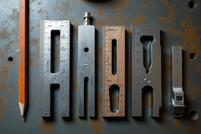 Vue à plat de plusieurs types d'équerres de menuiserie et de précision disposées sur un établi métallique patiné