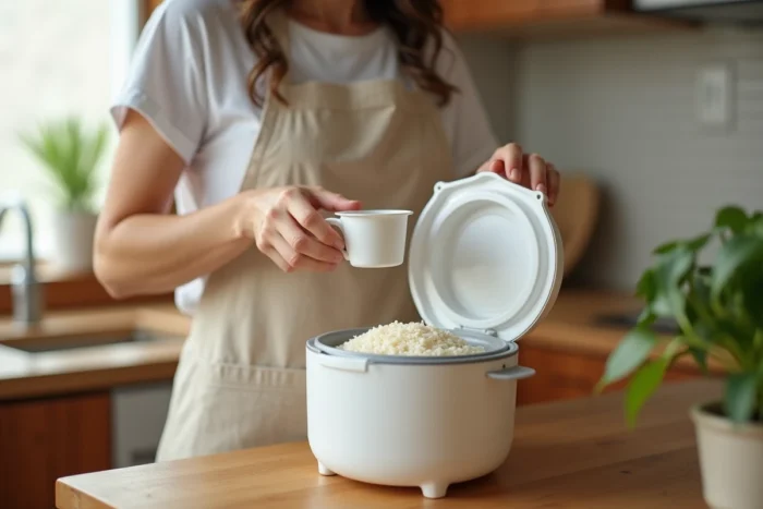 Femme versant du riz cru dans un cuiseur à riz électrique blanc lors de la préparation d'un repas à domicile