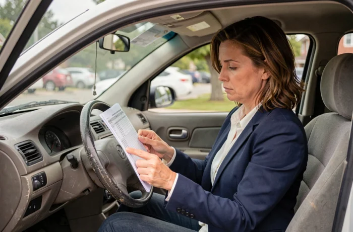 Femme consultant le rapport historique d'un véhicule d'occasion avant achat, vérification documents voiture