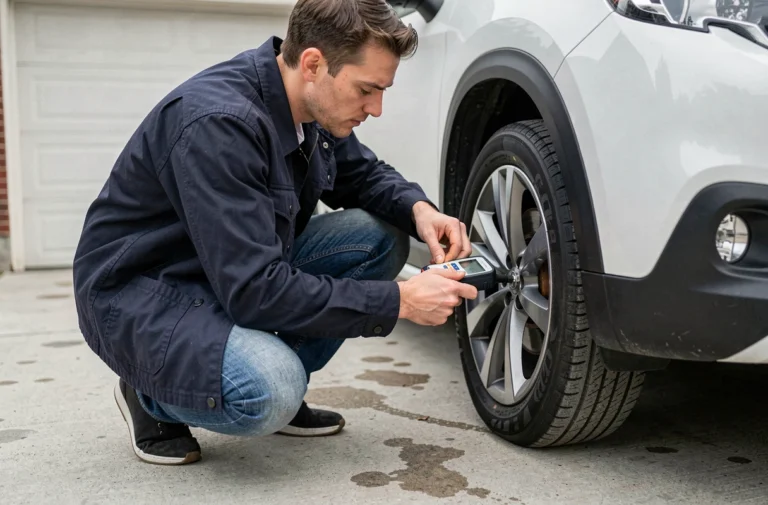Homme vérifiant la pression des pneus d'une Peugeot 2008 blanche avec un manomètre numérique dans une allée résidentielle