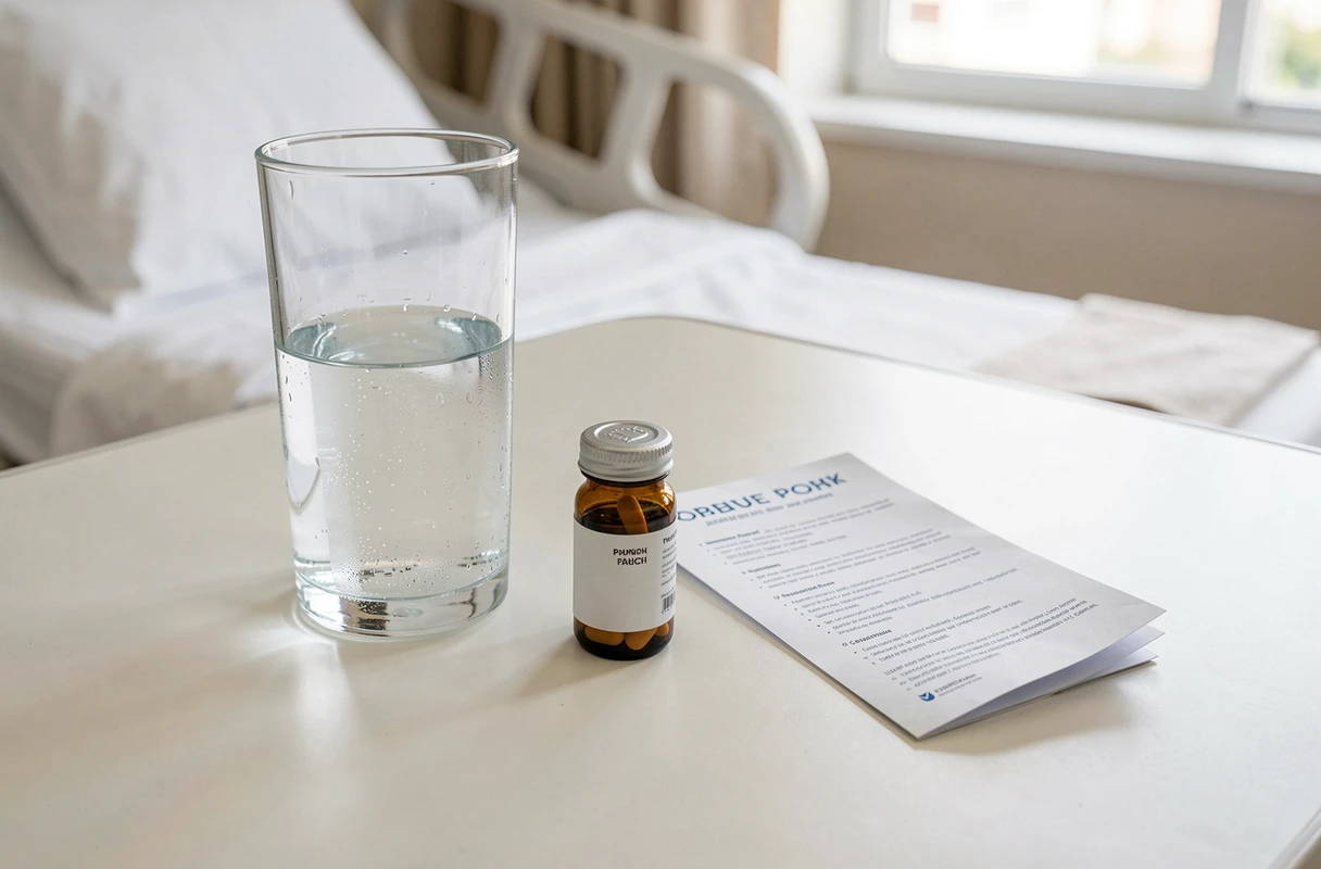 Verre d'eau, médicaments et fiche de soins post-opératoires sur une table de chevet d'hôpital