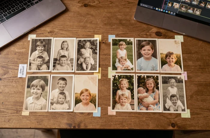 Des photos d'enfance des deux mariés disposées côte à côte pour créer une vidéo souvenir comparée