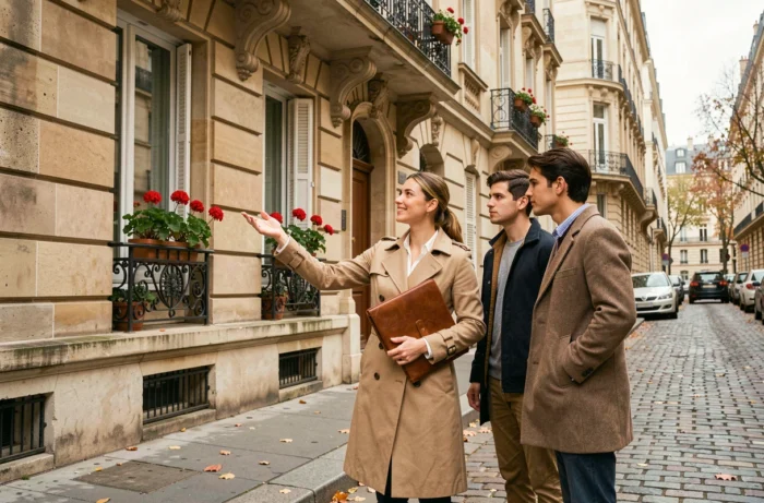 Agente immobilière présentant un immeuble haussmannien à un couple de futurs locataires à Paris