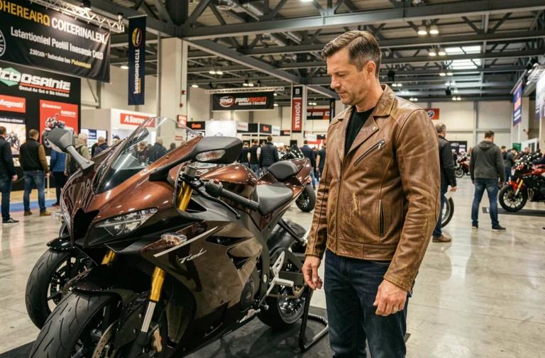 Visiteur en veste en cuir admirant une moto exposée au Salon Moto de Milan 2026
