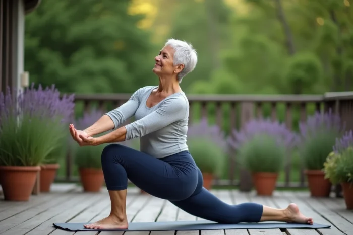 Femme de 65 ans pratiquant le yoga matinal sur une terrasse en bois entourée d'un jardin verdoyant pour préserver sa santé après 60 ans
